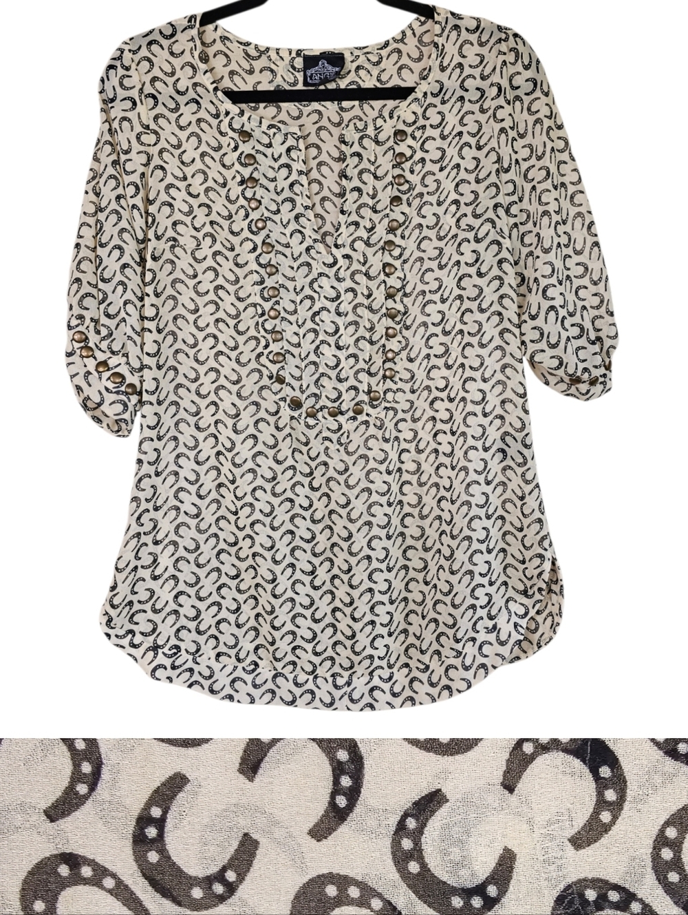 Angie Cream & Black Sheer Horseshoe 3/4 Sleeve Blouse with Brass Stud Detail